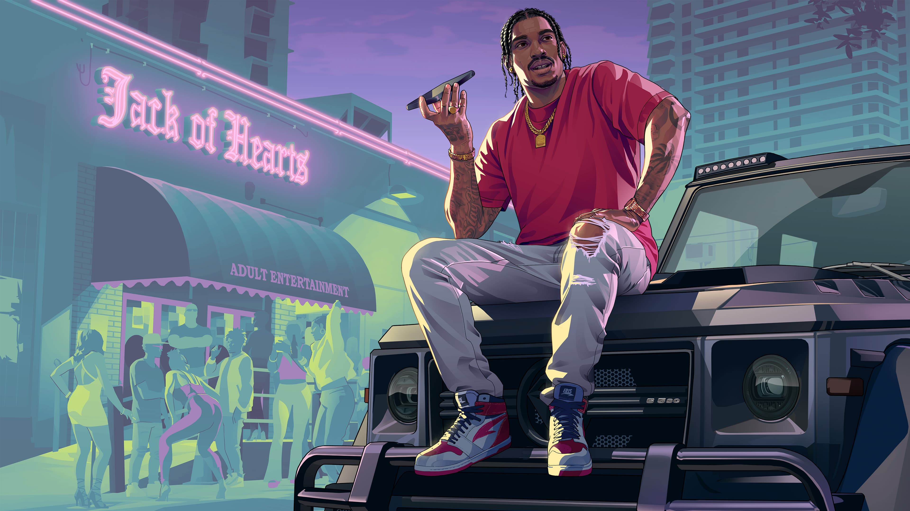 Dre'Quan Priest com um microfone, sentado sobre um carro em Vice City