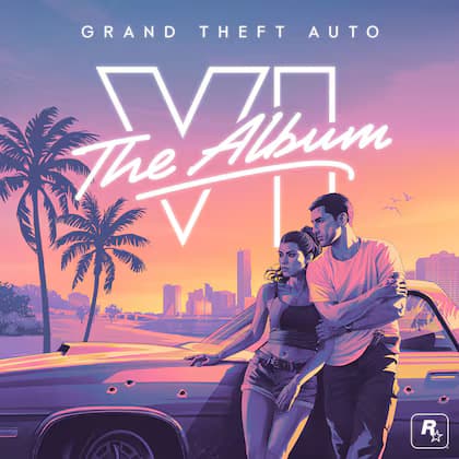 Capa de Grand Theft Auto VI: The Album, com Jason e Lucia diante de Vice City