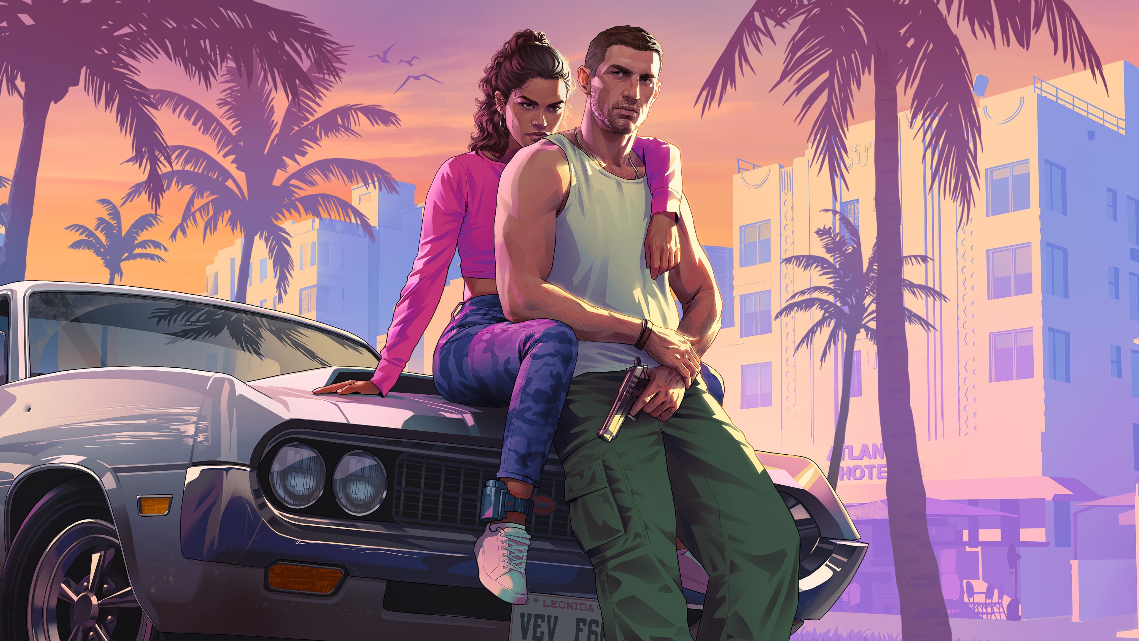 Jason e Lucia junto a um carro em Vice City, ao pôr do sol