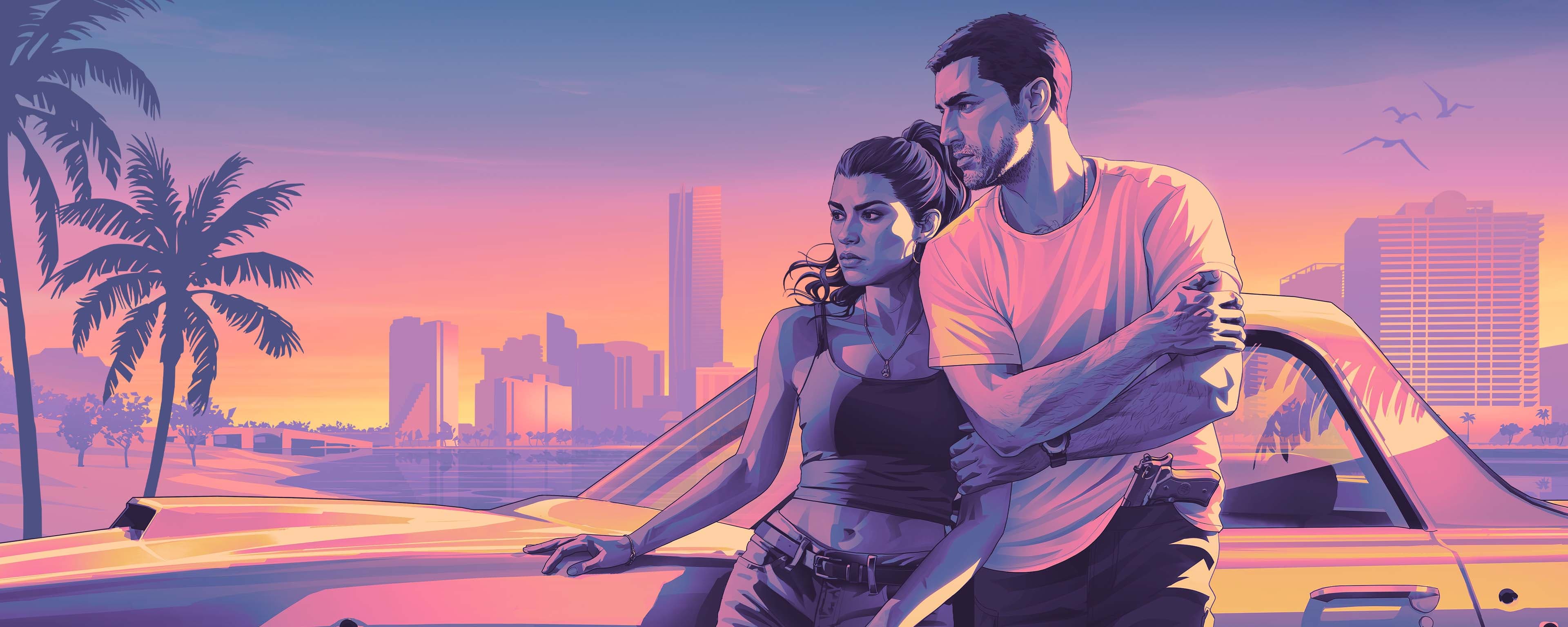Arte oficial de Jason e Lucia junto a um carro, com Vice City ao pôr do sol