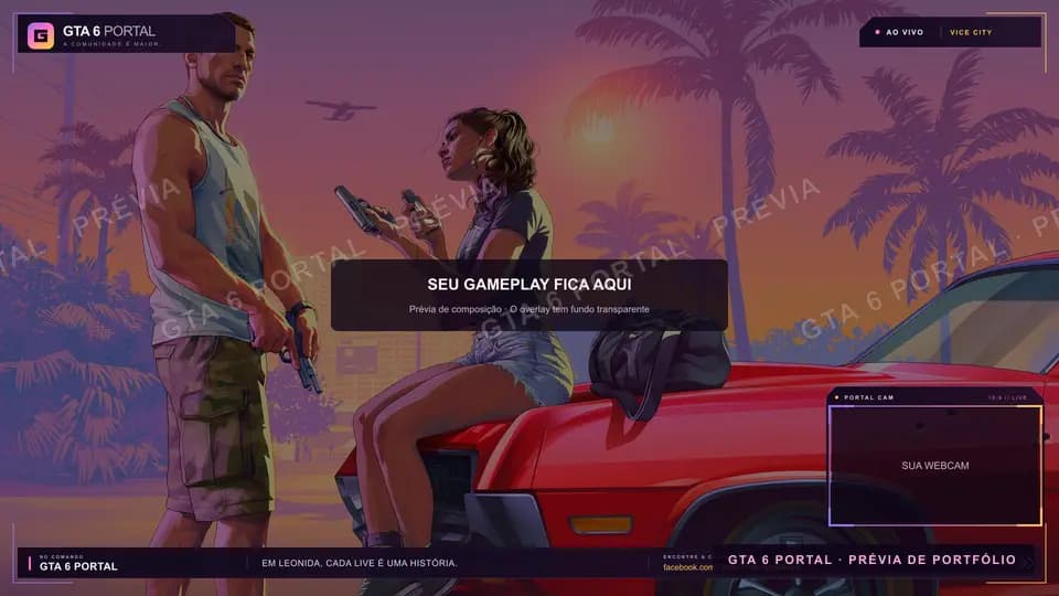 Prévia do overlay GTA 6 Portal com logo, barra inferior e moldura para webcam sobre uma imagem ilustrativa de GTA VI