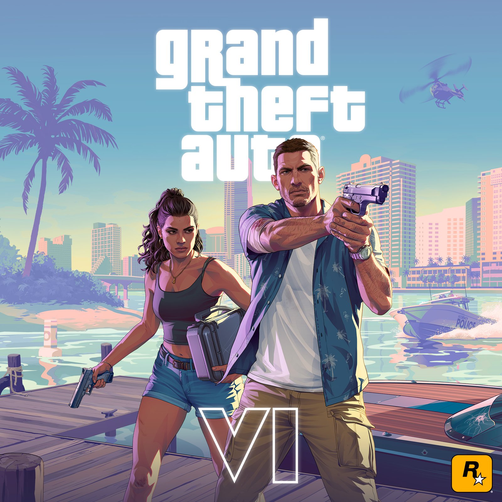 Arte de divulgação de GTA VI com Jason e Lucia diante da marina de Vice City