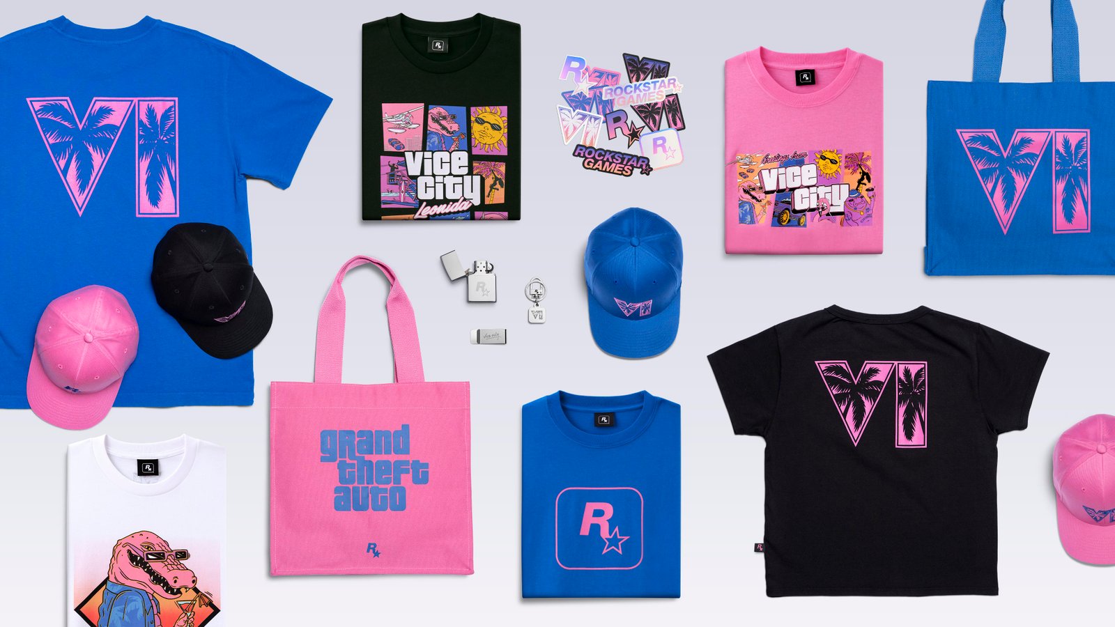 Produtos oficiais de GTA VI: camisetas, bonés, bolsas e acessórios em azul, rosa e preto