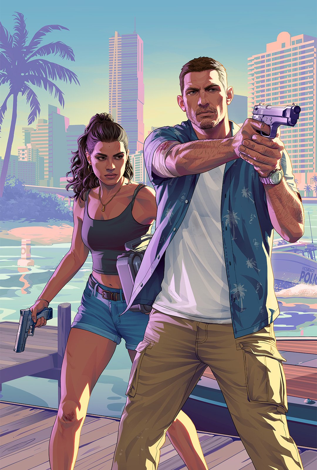Arte oficial de GTA VI com Jason e Lucia armados diante de uma marina