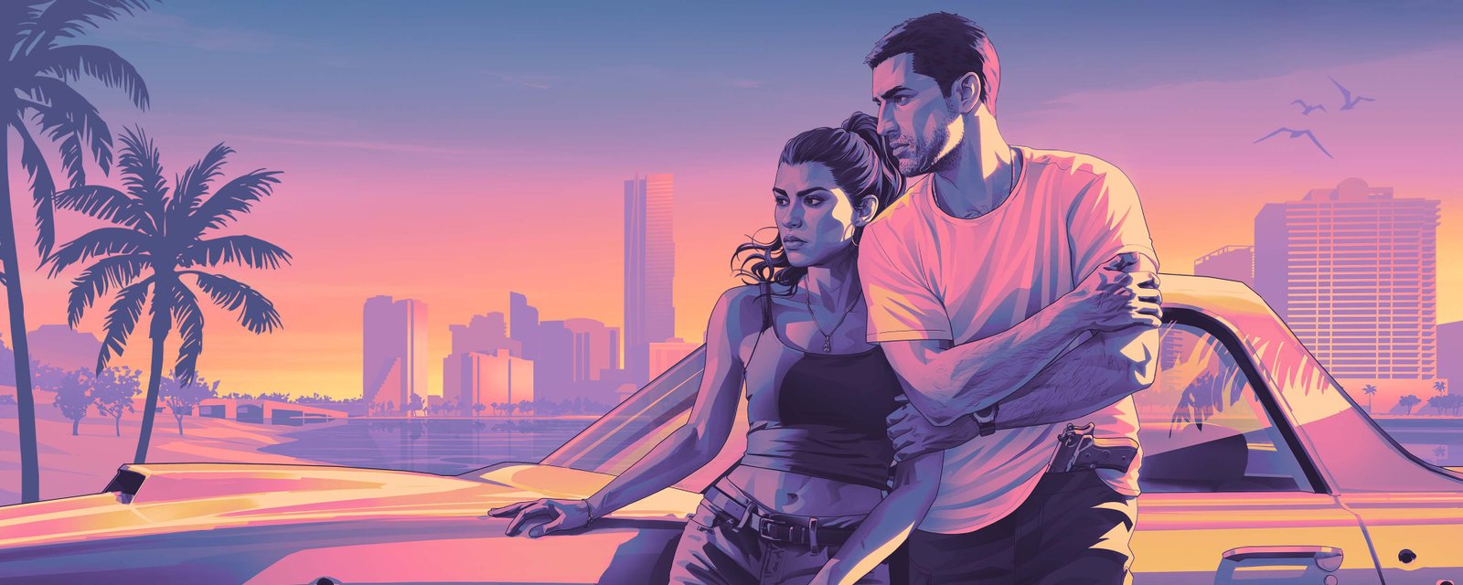 Arte oficial de Jason e Lucia junto a um carro, com Vice City ao pôr do sol